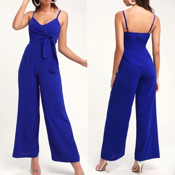 Lulus Pants - Lulus Royal Blue Tie-Front Wide Leg Jumpsuit